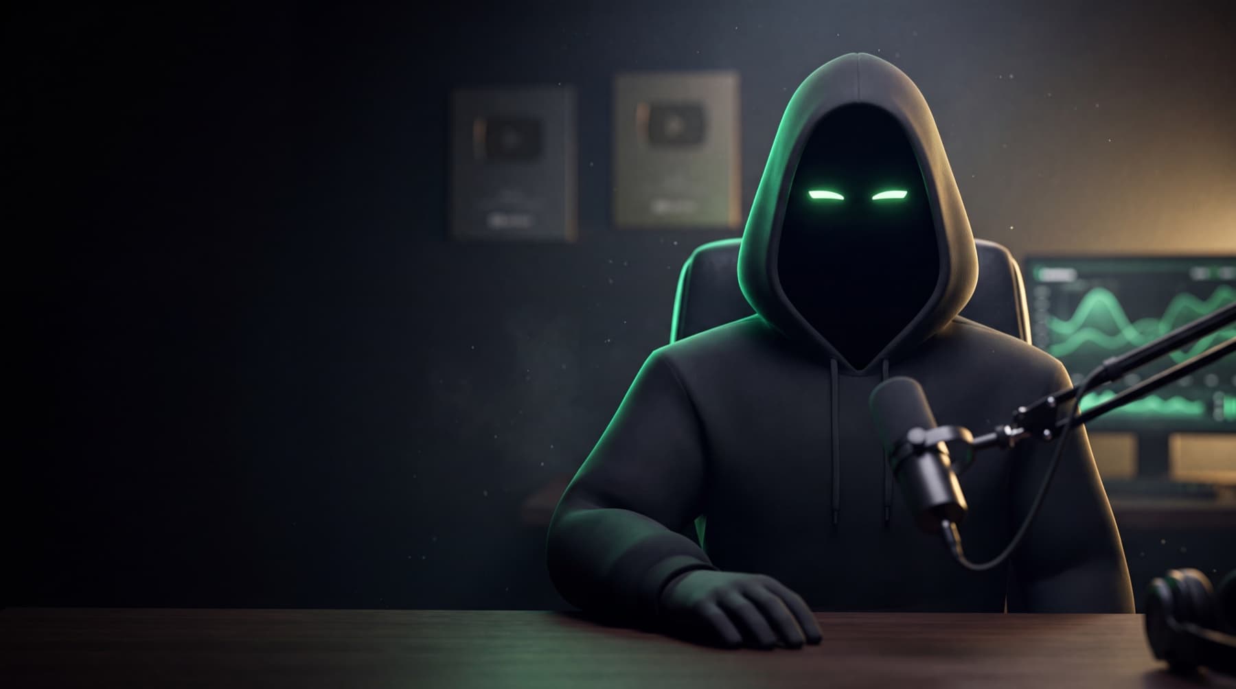 The Plain Sight host — a hooded figure with no face and glowing green eyes, speaking to camera in a dark studio.